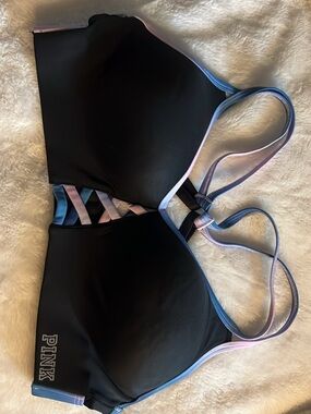Victoria's Secret PINK Black Bralette Swim Top with Pastel Blue and Pink Accents